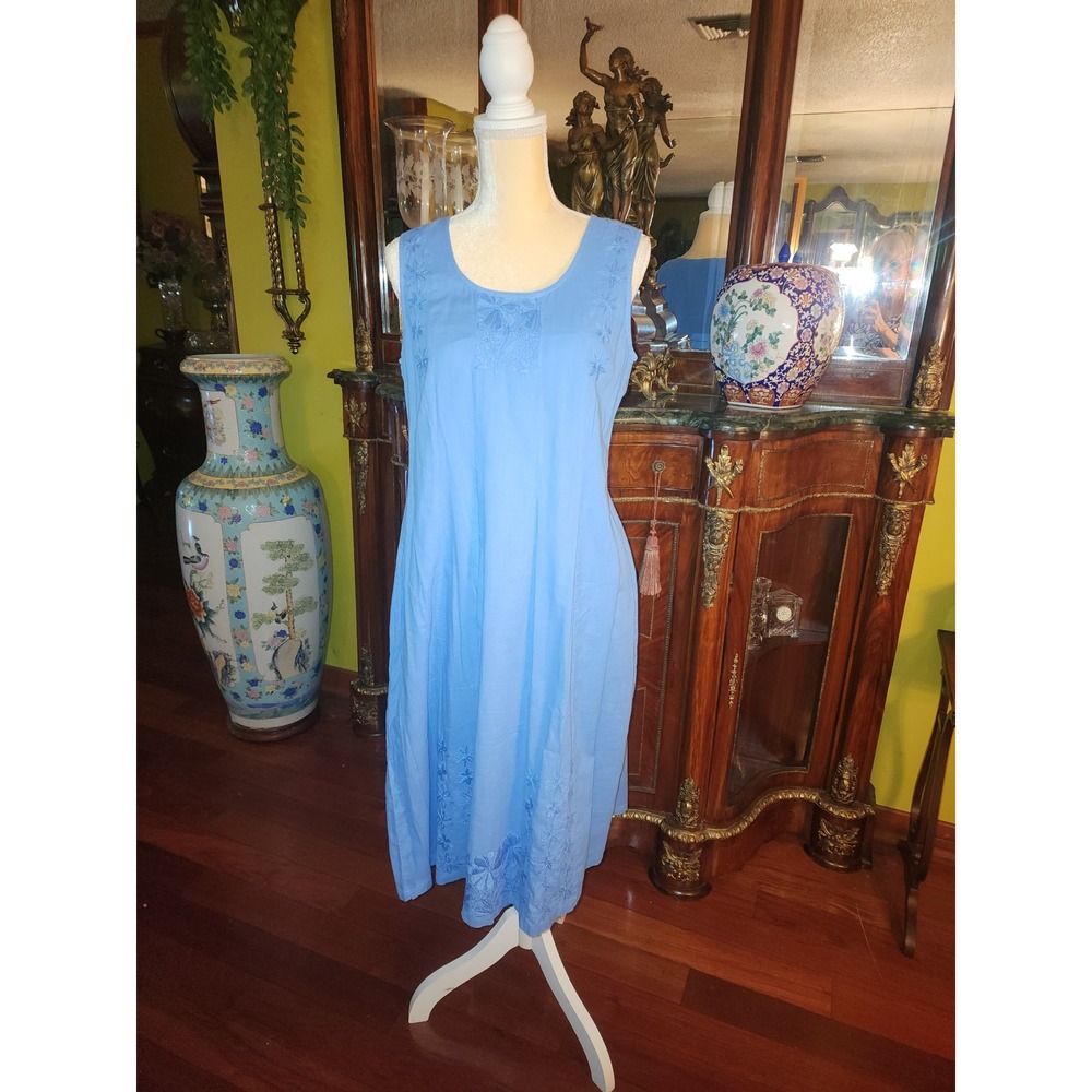 Vintage Blue Sleeveless Embroidered Floral Midi Dress Scoop Nk Boho Sun Dress S
